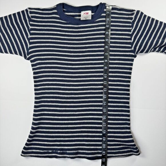 Knotty Woodpecker Farm Knit Thermal Womens Medium Blue Cream Striped Made in USA - Picture 9 of 10